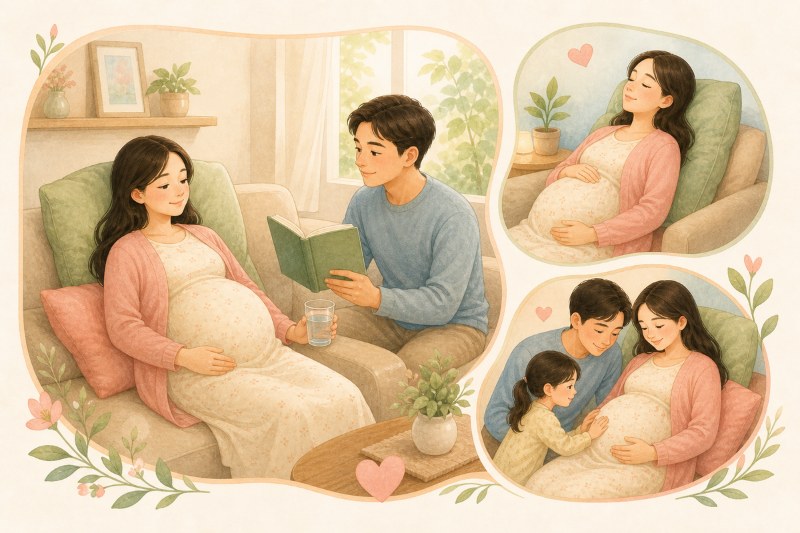 Ảnh 1. Ba tháng cuối nên ưu tiên tư thế thoải mái, hoạt động ngắn và sự đồng hành nhẹ nhàng của gia đình.