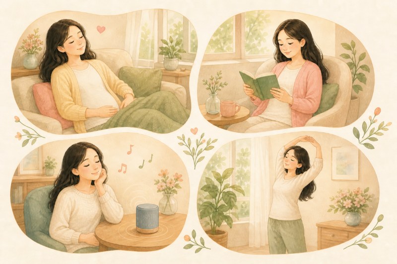 Ảnh 3. Mẹ có thể chọn một hoạt động phù hợp trong ngày như nghỉ ngơi, đọc ngắn, nghe nhạc nhẹ hoặc vận động vừa sức.